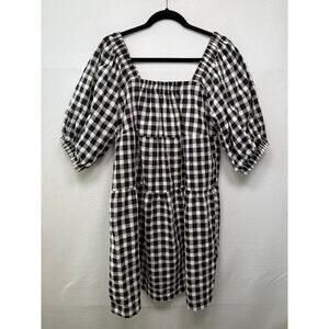 Aaron & Amber Black/White Gingham Puff Sleeve Square Neck Tiered Dress, Size L